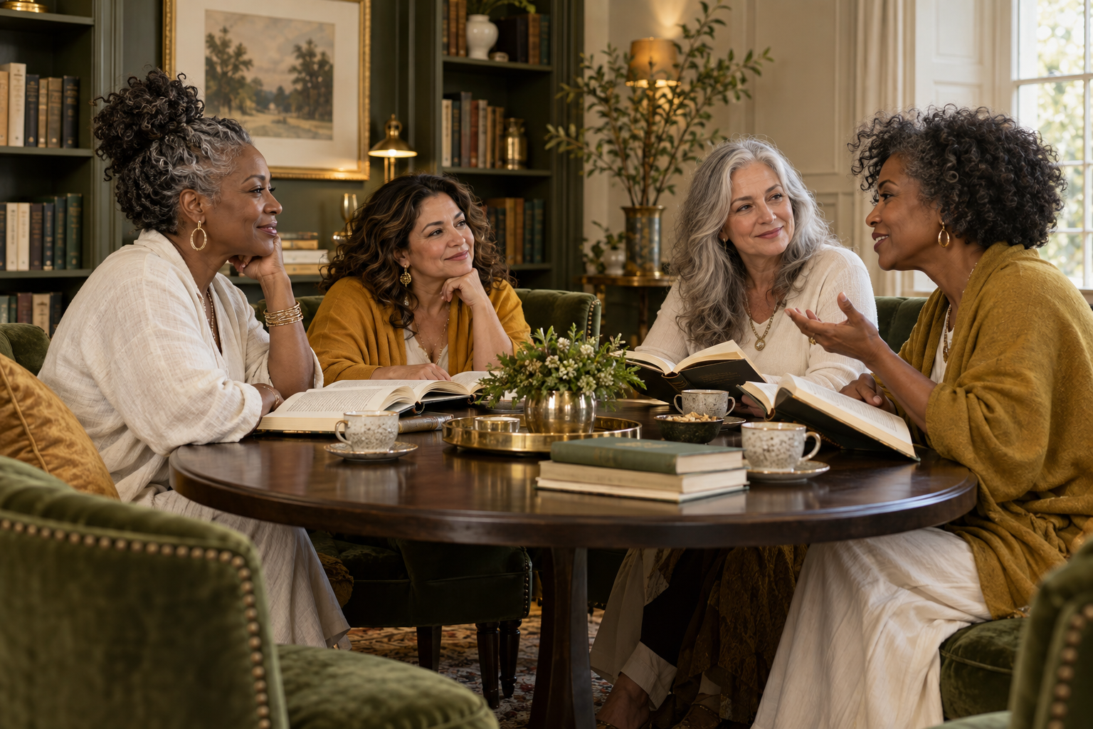 An illustrative scene of four mature women enjoying a book conversation around a library table